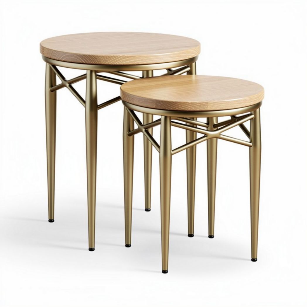 Wooden round nesting tables with metal legs set of two 40 x 40 x 45cm