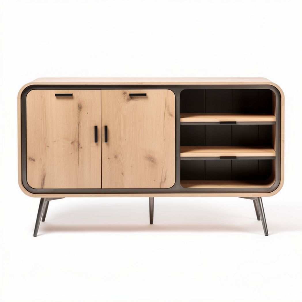 Wooden sideboard with open shelves and closed storage unit 120 x 40 x 70cm