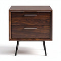 Wooden nightstand with two drawers and metal legs in walnut finish