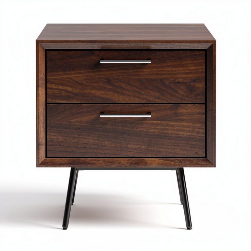 Wooden nightstand with two drawers and metal legs in walnut finish