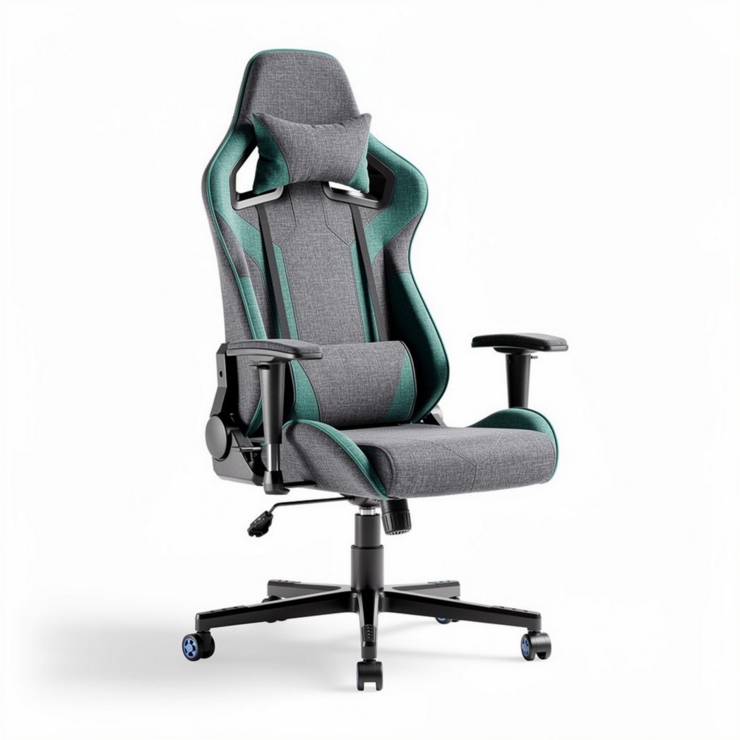 Racing style gaming chair with adjustable height and ergonomic design in black and blue