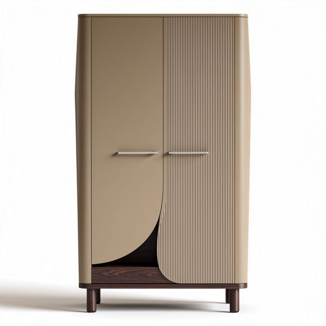 Modern beige storage cabinet with ribbed doors and wooden base 90 x 60 x 150cm