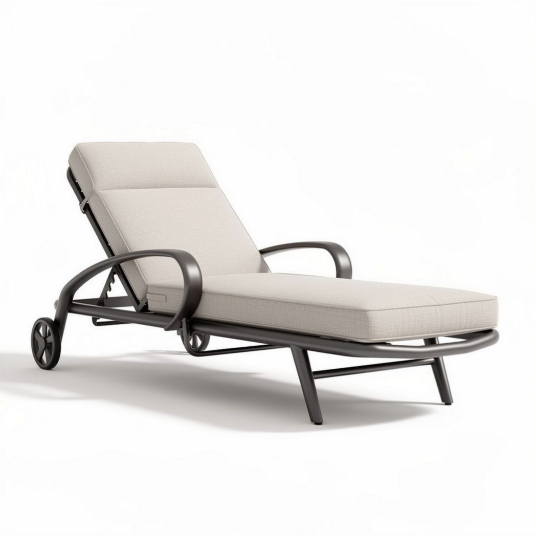 Outdoor chaise lounge with adjustable backrest in beige fabric and aluminum frame