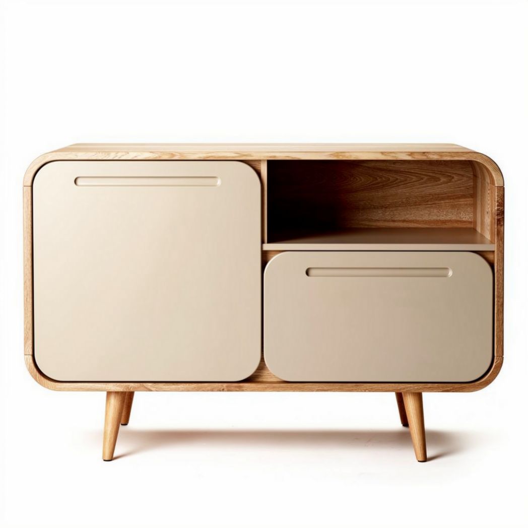 Wooden storage cabinet with two doors and open shelf 80 x 40 x 50cm beige finish