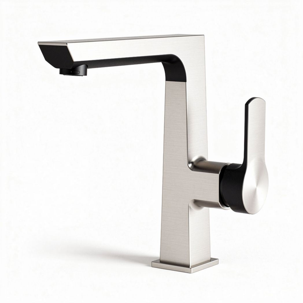 Matte black and stainless steel bathroom faucet with single handle design