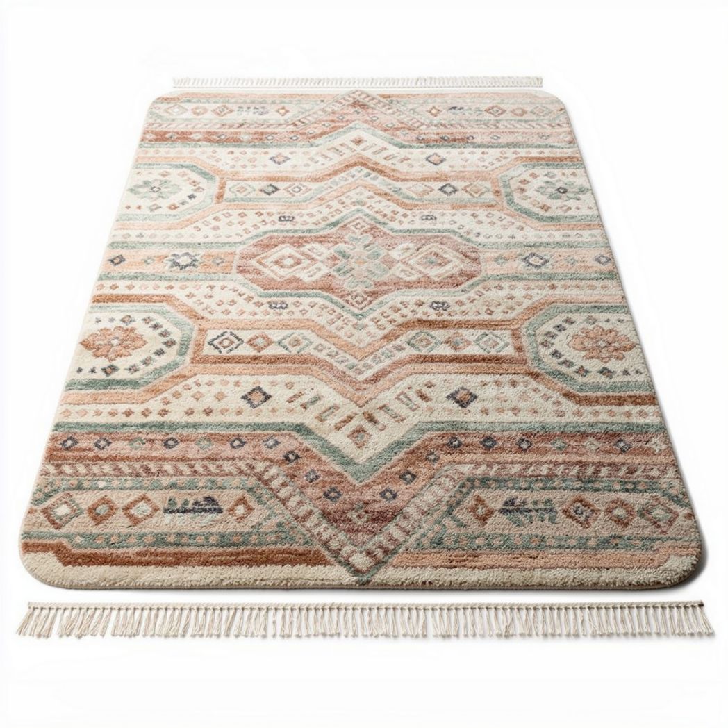 Machine woven area rug in beige and blue with fringe 240 x 170 cm