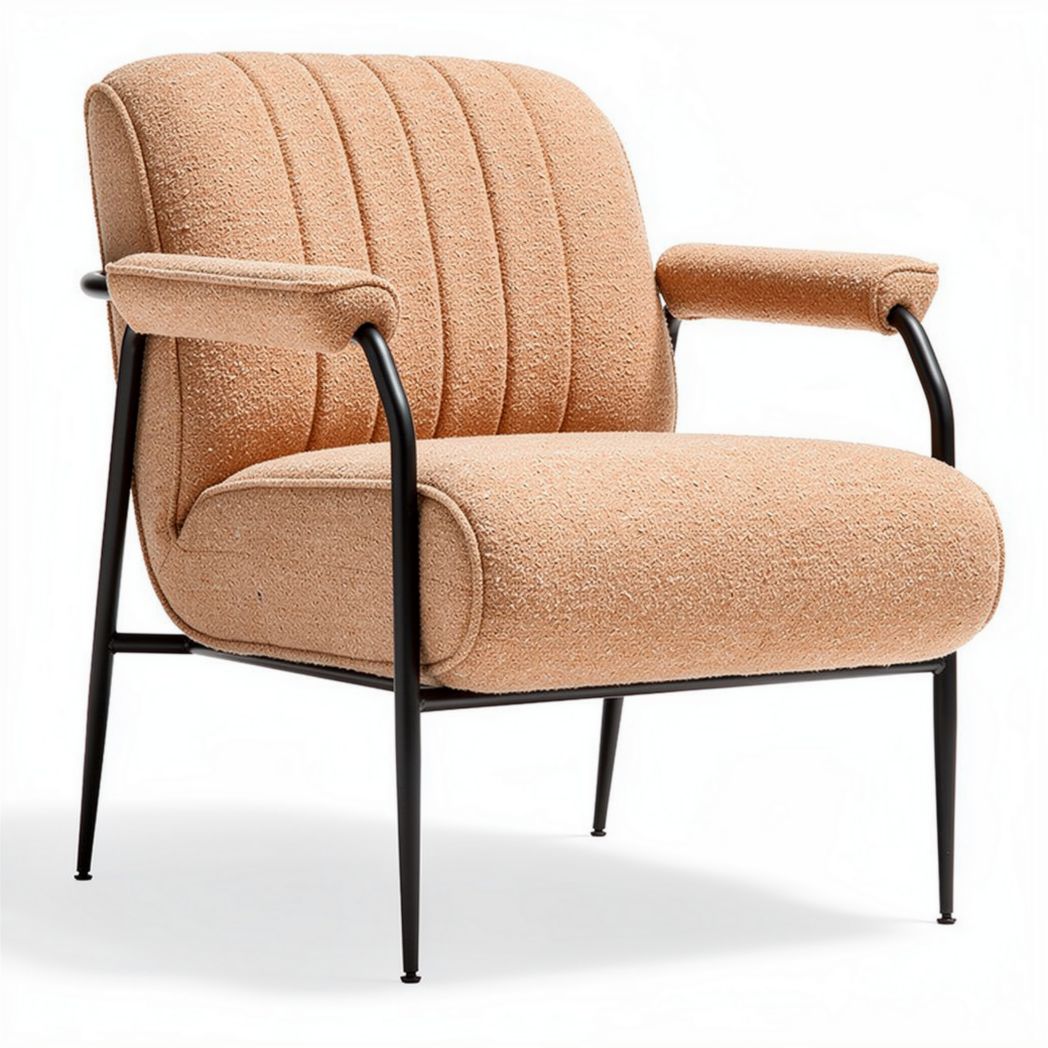 Modern upholstered armchair in peach fabric with black metal frame 80 x 70 x 75cm